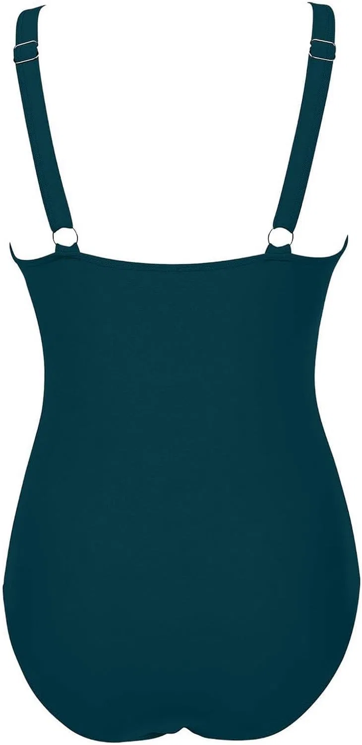Женский цельный купальник с эффектом утяжки Push Up Plunge V Neck High Waist, Green — фото 4