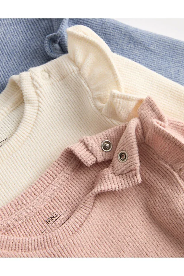 Детский лонгслив для девочек с принтом 3-Pack waffle top Marks & Spencer, Pink Mix — фото 2