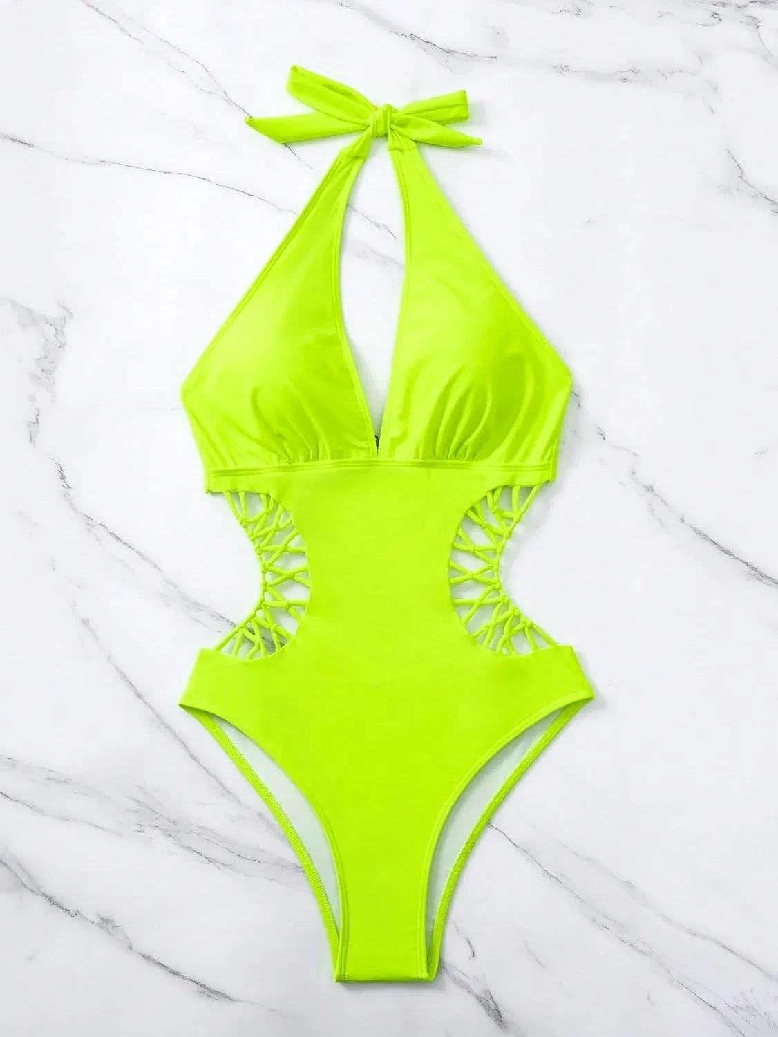 Женский цельный купальник с вырезами и завязками Generic, Lime Green — фото 4