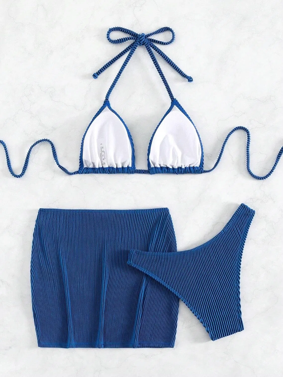 Женский бикини-сет с завязками на шее и спине, 3 предмета, Royal Blue — фото 2