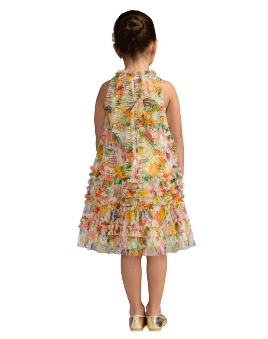 Платье-трапеция из сетки с цветочным принтом, модель Girls Mesh Floral Print A-Line Dress Mac Duggal, Ivory Multi — фото 2