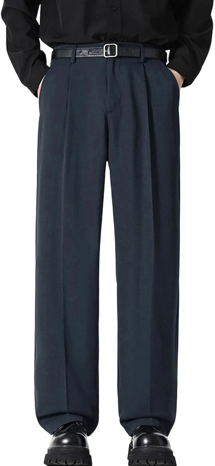 Мужские брюки свободного кроя с защипами, Wide Leg Dress Pants, тёмно-синий