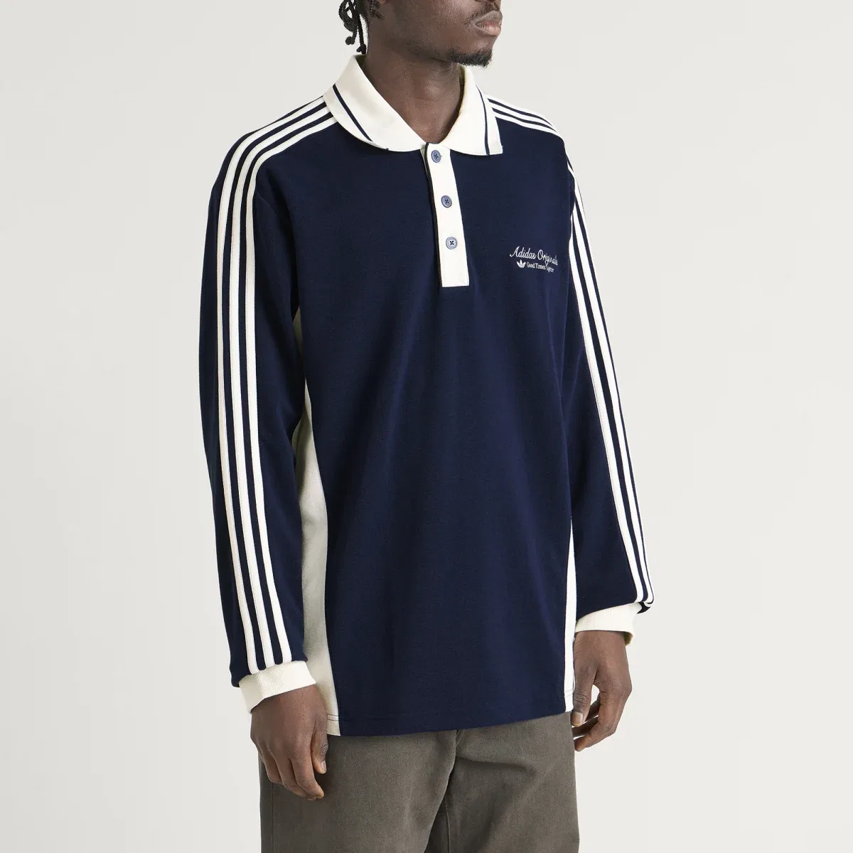 Лонгслив-поло с воротником, модель Long Sleeved Polo Shirt Adidas, Night Indigo & Off White — фото 2