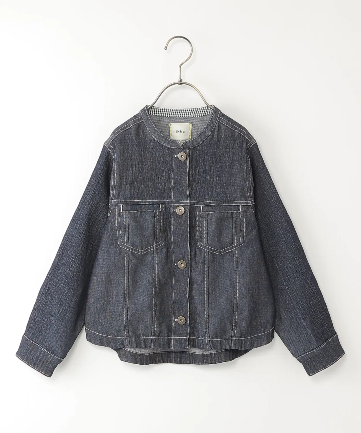 Детский джинсовый жакет из сетки с клетчатым акцентом, модель Mesh Denim Jacket, ikka, Navy — фото 3