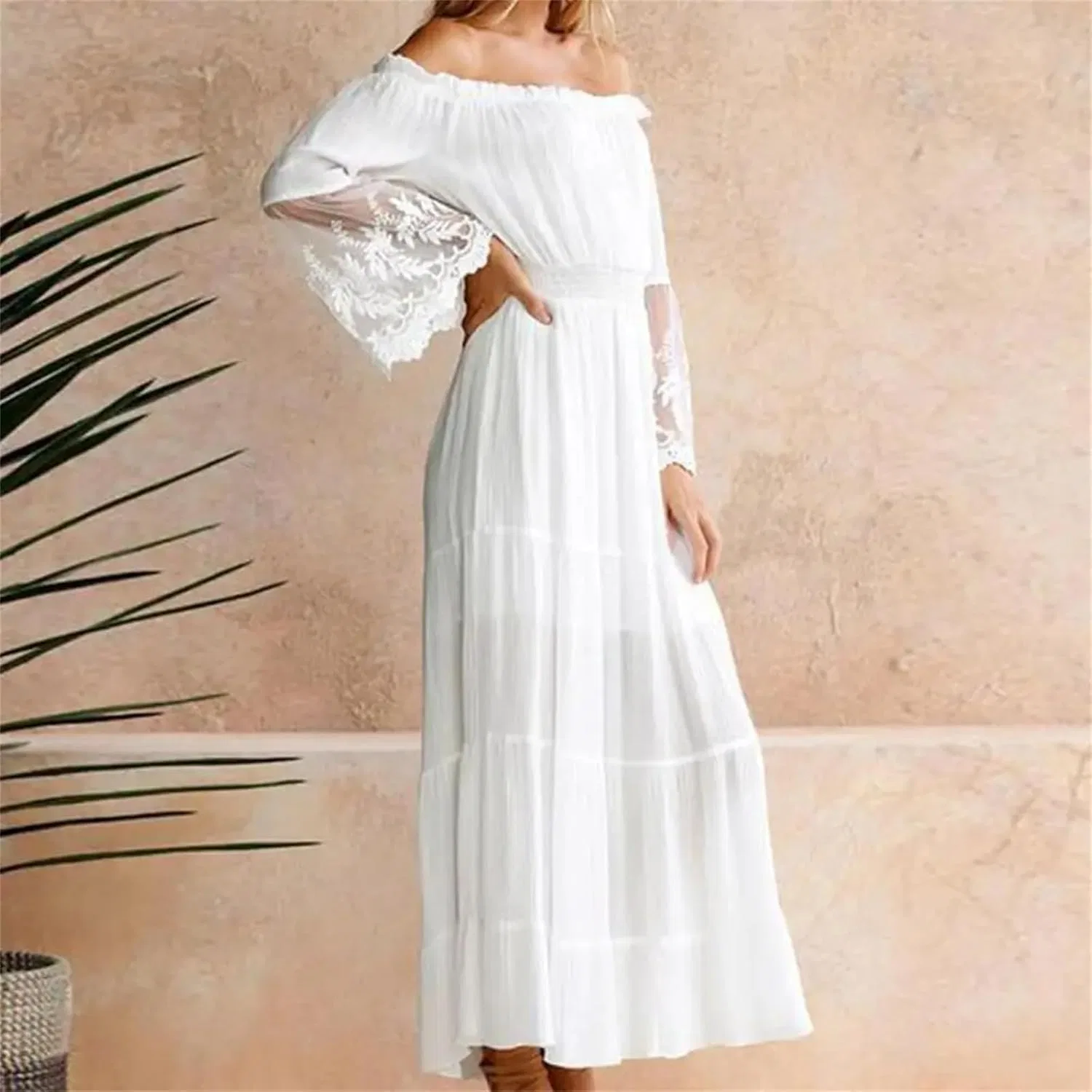 Женское платье макси с кружевом крючком Off-Shoulder с расклешенными рукавами Generic, White — фото 3