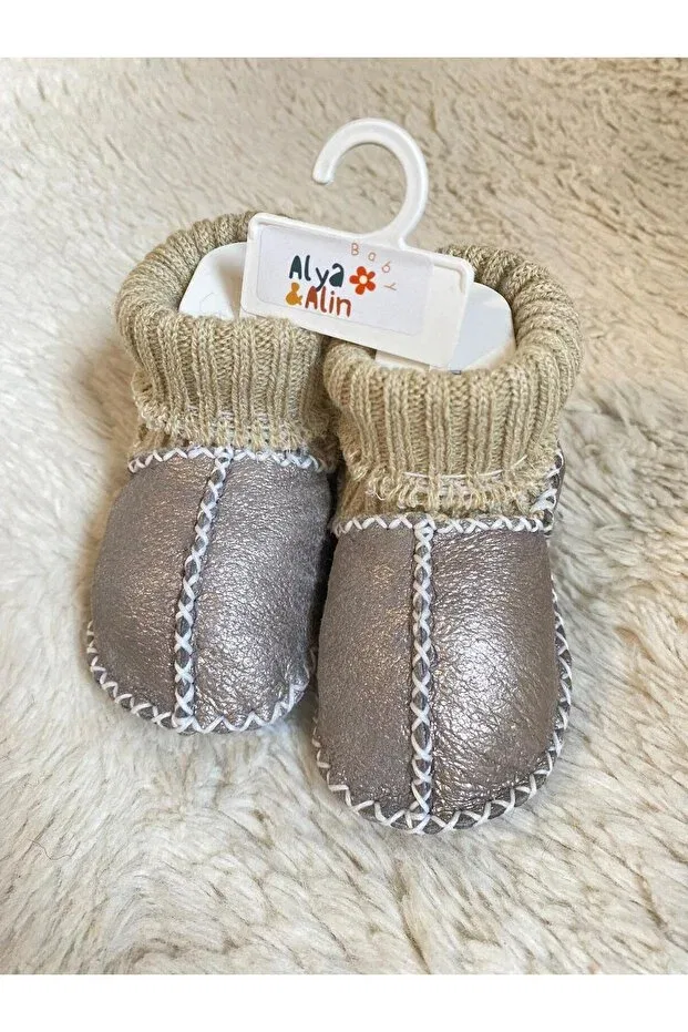 Детские пинетки из кожи с органической отделкой Alya&Alin Baby, Bright Gray