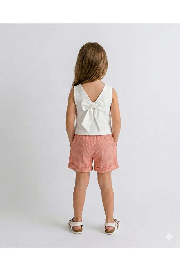 Детский комплект для девочек льняной Ribbon detail blouse and linen shorts set Petit Style Kids, Orange — фото 2