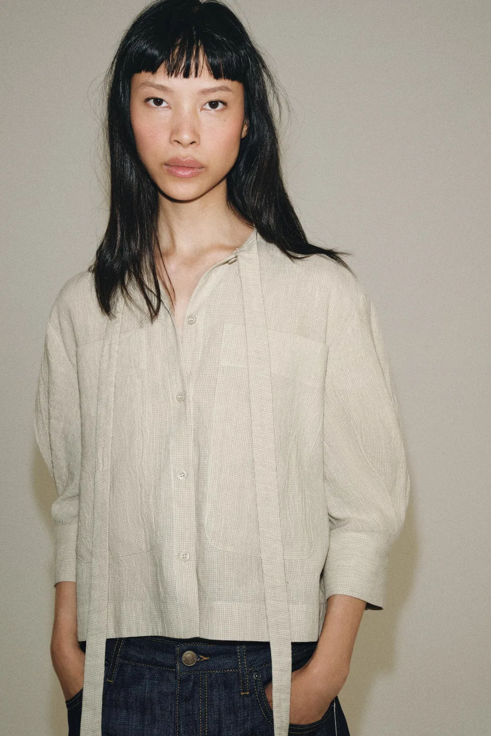 Рубашка из льняной смеси от ZW COLLECTION с завязками. ZARA, Beige — фото 2