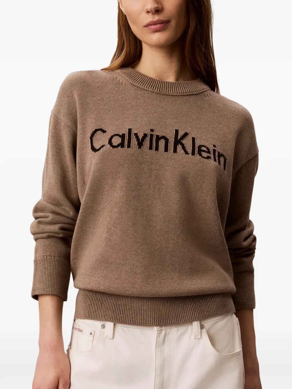 Свитер с вывязанным логотипом Calvin Klein, коричневый — фото 3