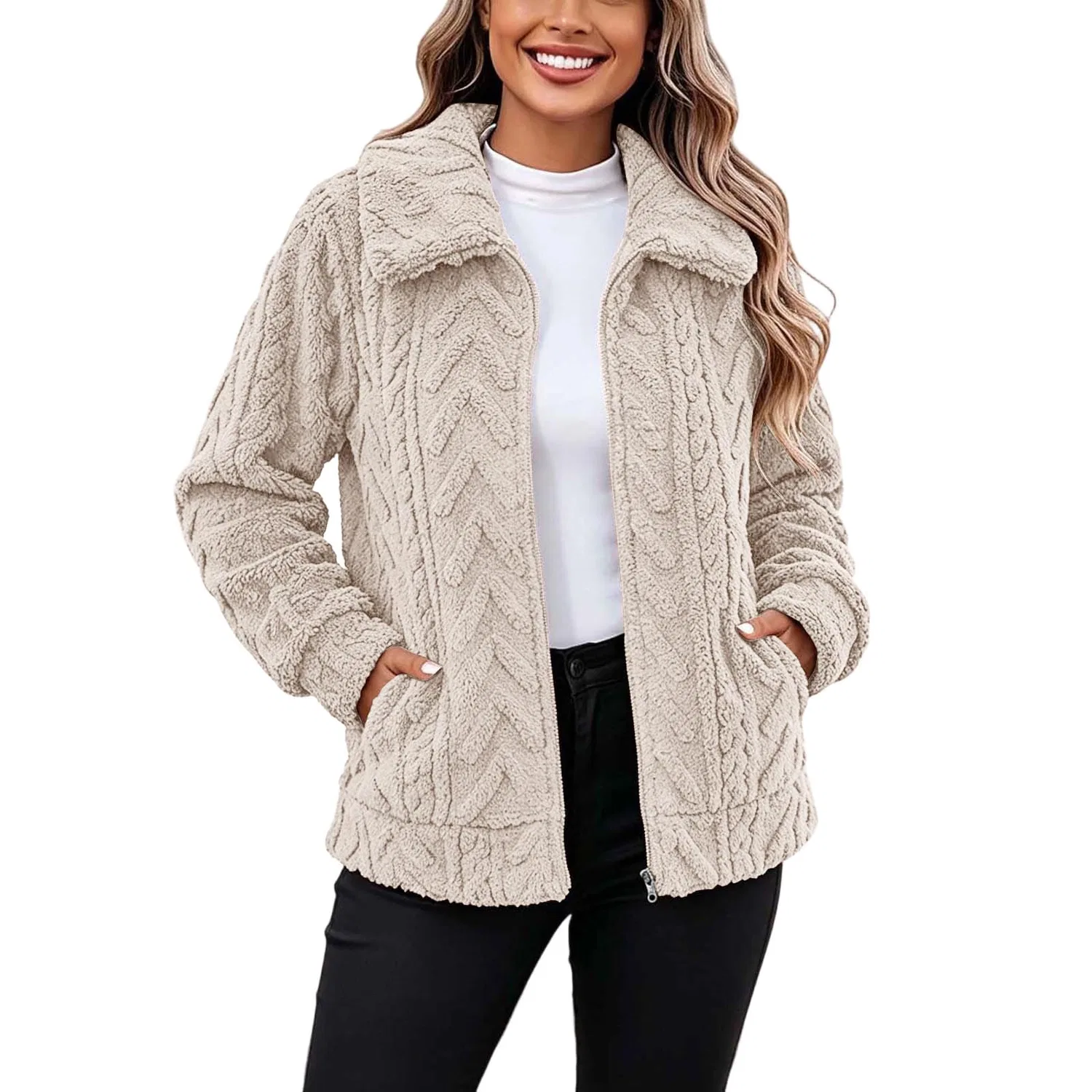 Женская куртка из флиса с принтом жаккард, 02 Beige