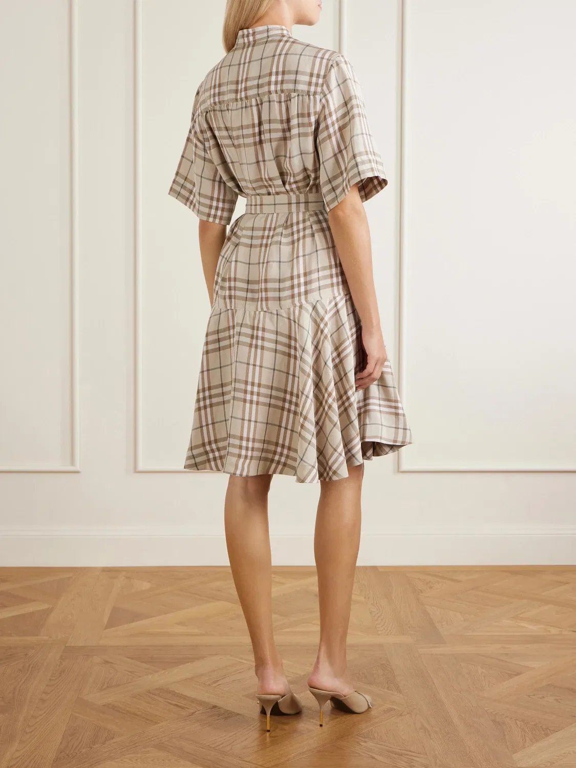 Короткое платье из клетчатой ткани BURBERRY, бежевый — фото 3