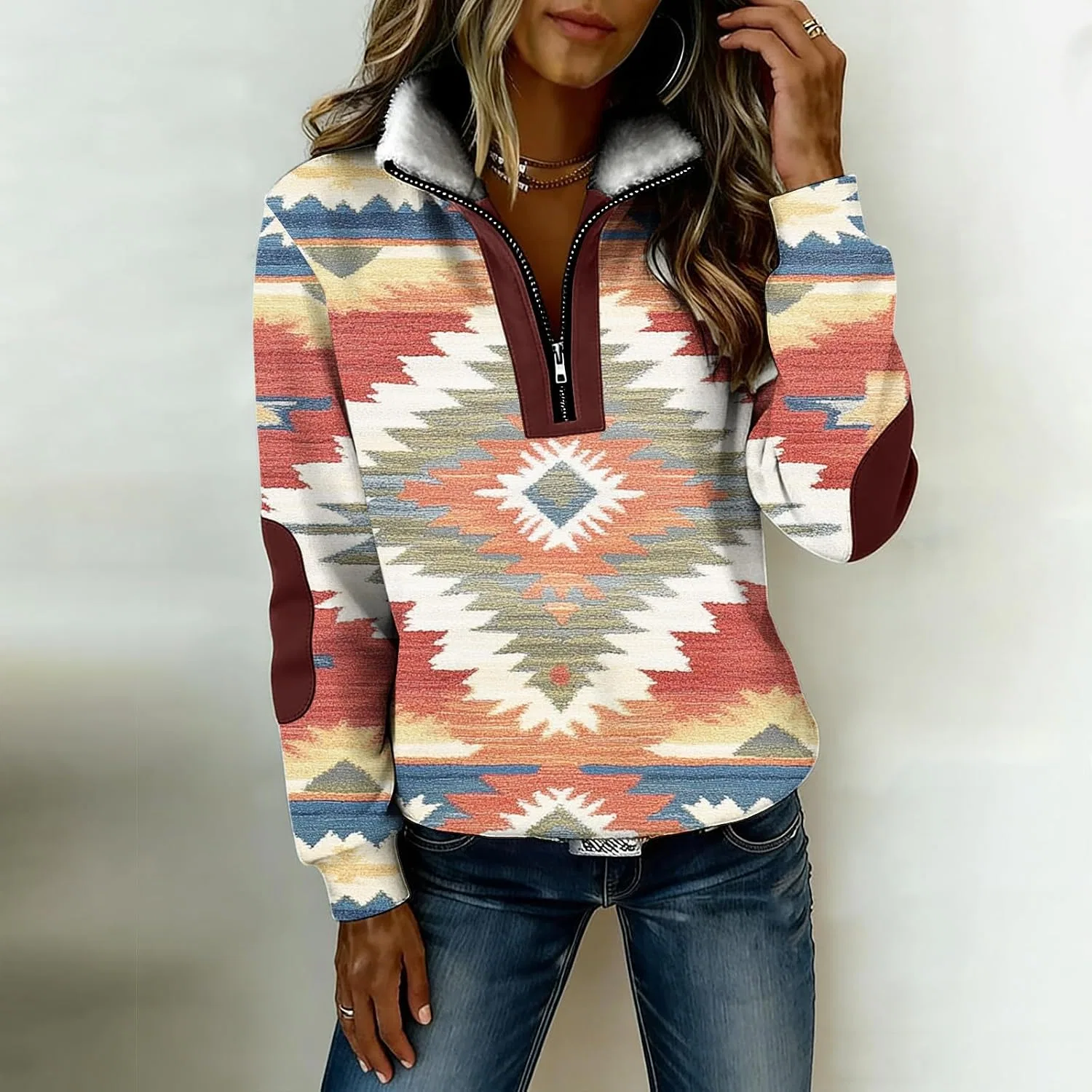 Женский свитшот с принтом, с воротником из шерпы, модель Aztec Print, мультиколор — фото 3