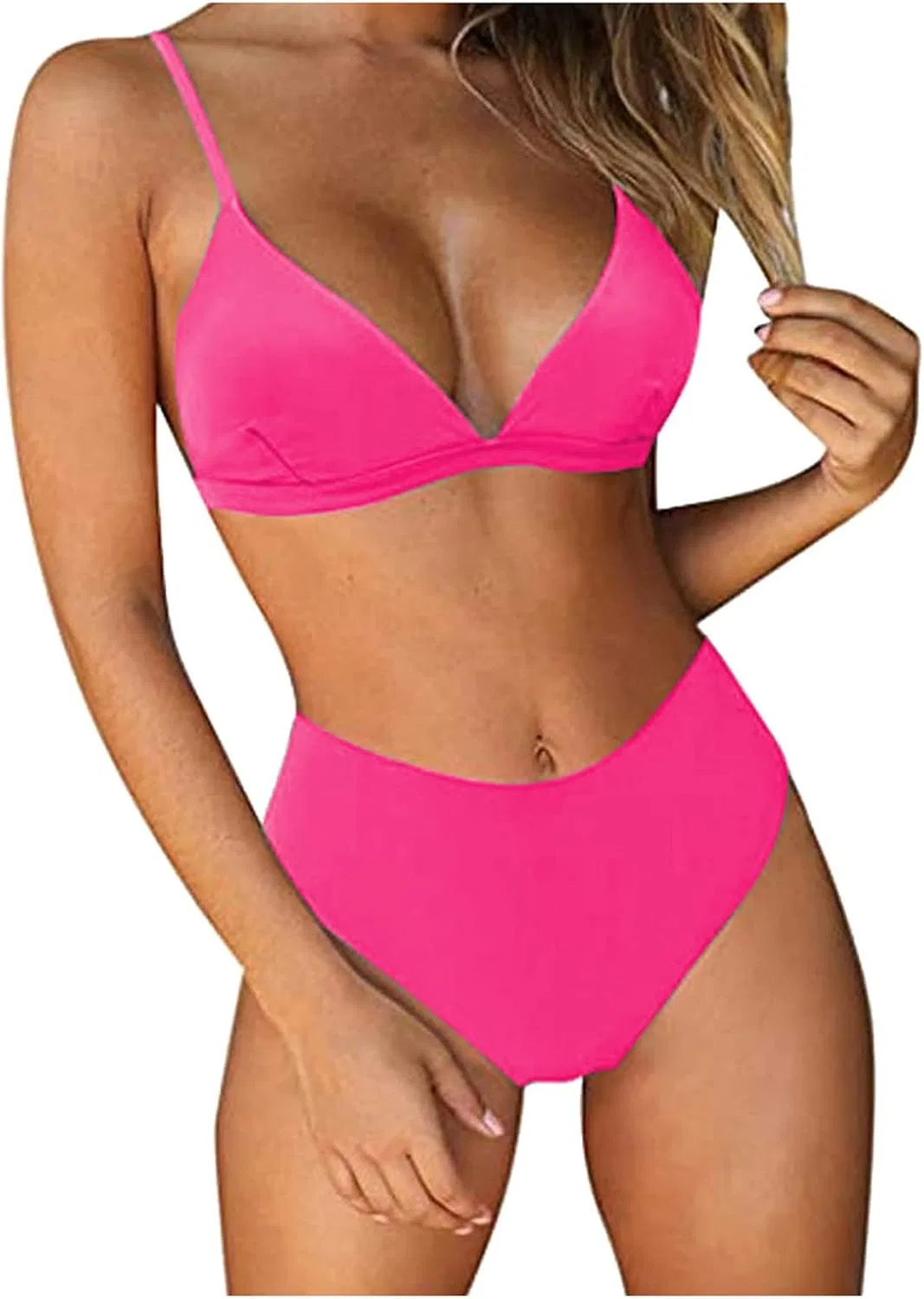 Женский бикини-комплект с завышенной талией и V-образным вырезом, Hot Pink