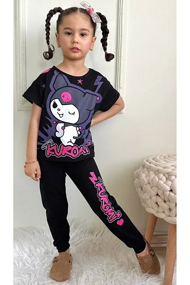 Детский спортивный костюм для девочек с принтом Kuromi patterned black tracksuit girl suit 3-10 years 7456-s Yağmur Giyim, Black-81314