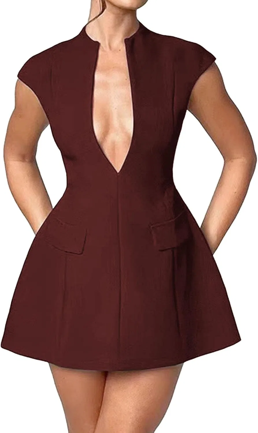 Женское мини-платье с глубоким V-вырезом и капюшоном Bodycon, Brown
