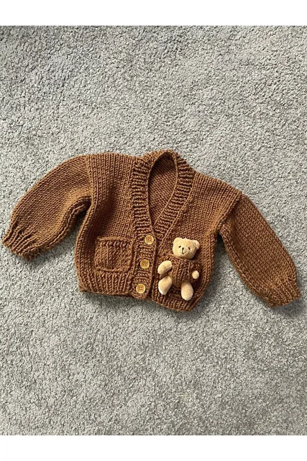 Детский кардиган для мальчиков с принтом Hand knitted teddy bear detailed boy's cardigan Nevalin, Brown — фото 2