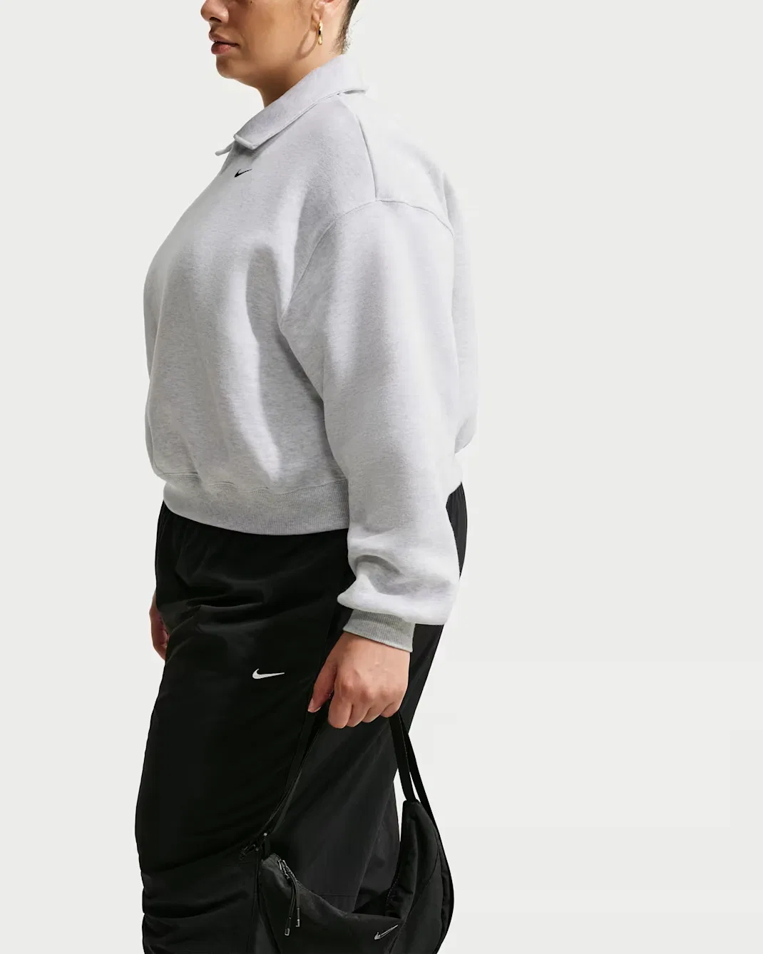 Женская укороченная рубашка-поло свободного кроя Nike Studio Fleece Medium Weight, Birch Heather/Black — фото 3