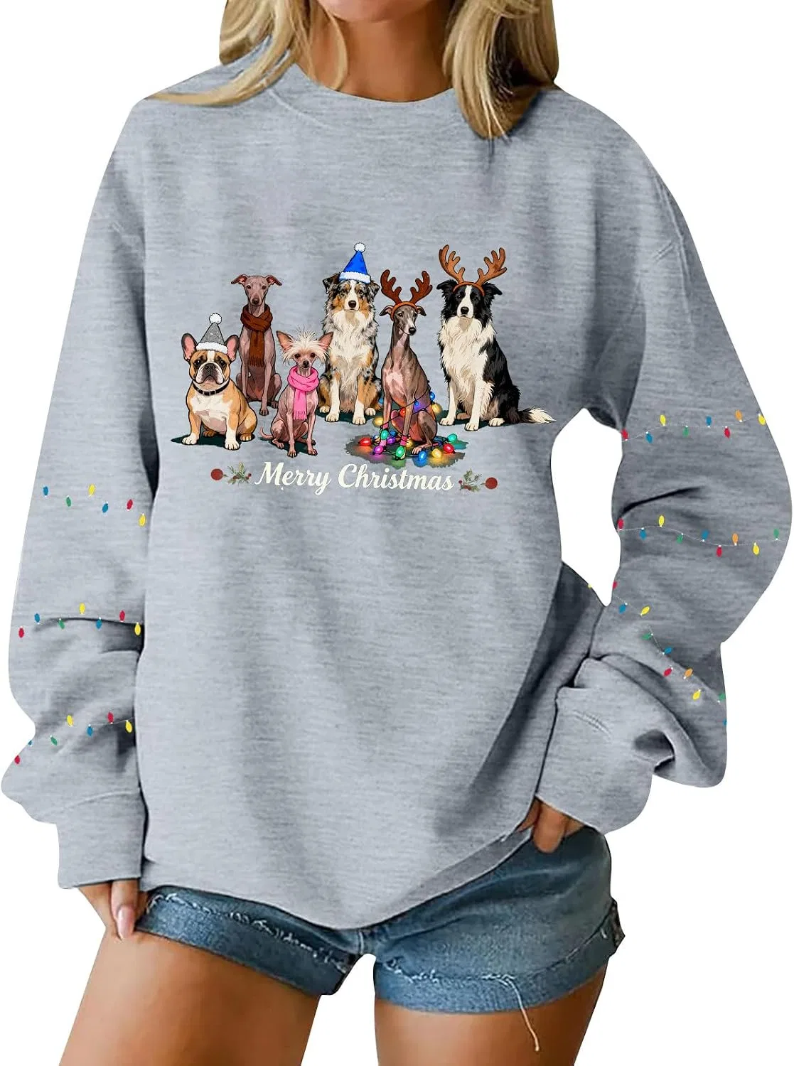 Женский свитшот с принтом рождественской собаки, длинный рукав, Christmas Dog Graphic, серый