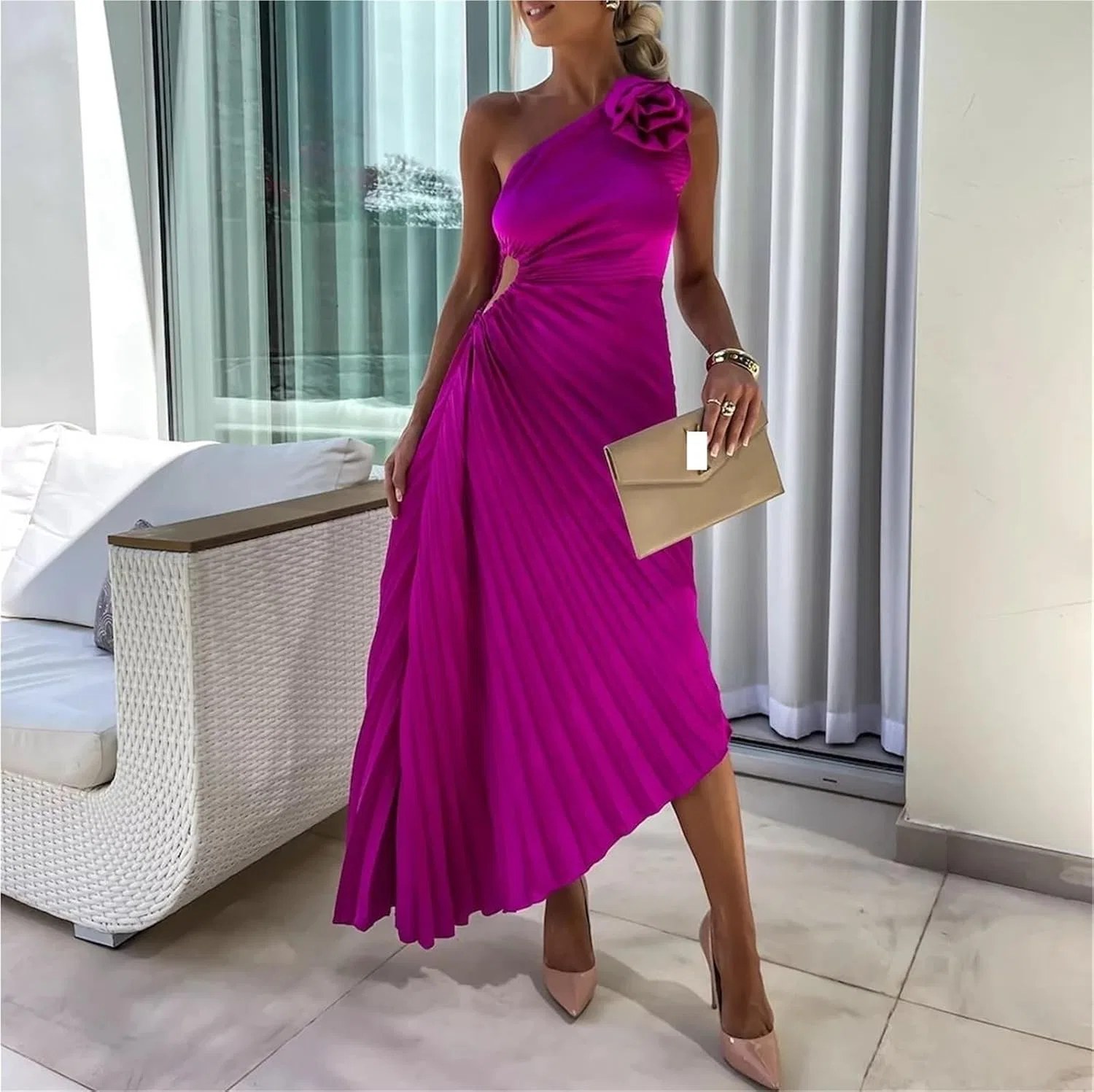 Женское коктейльное платье с одним плечом сатиновое, Purple — фото 2