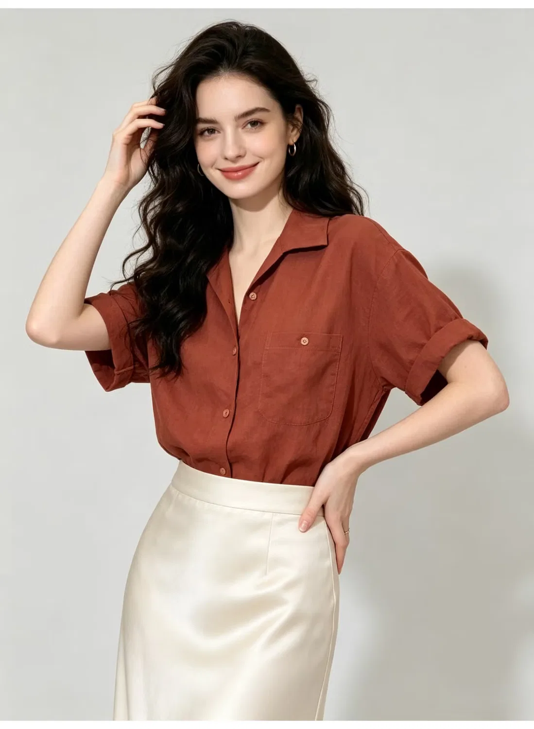 Рубашка с коротким рукавом и подвернутыми манжетами Zara, ржавый — фото 3