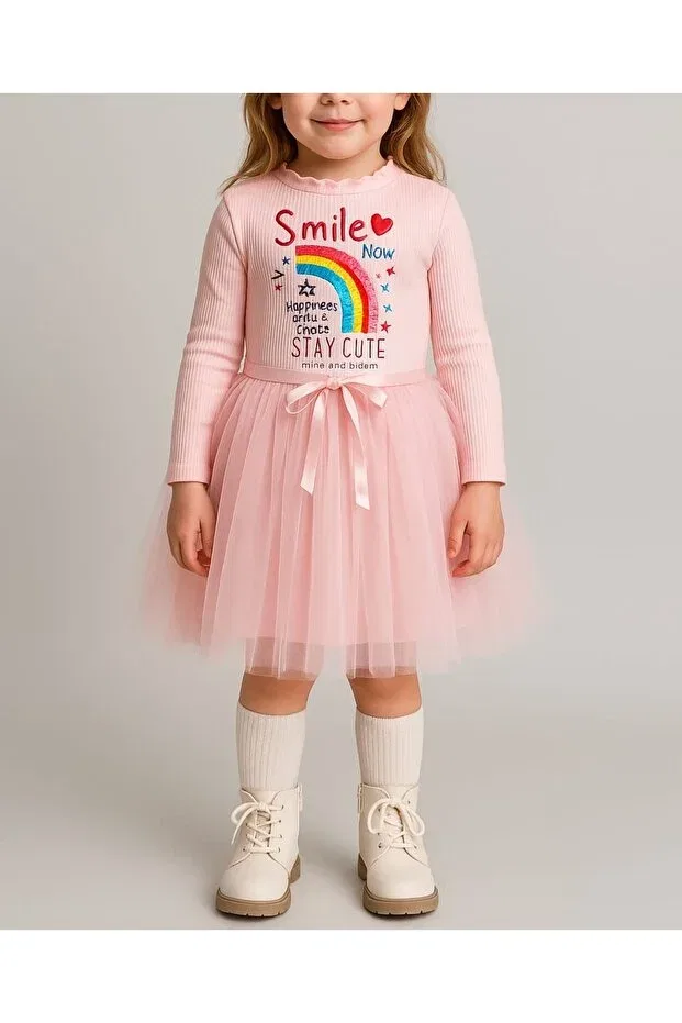 Детское платье для девочек с принтом Long Sleeve Lined Printed Girls Tutu Dress Neocotton, Pembe Simile