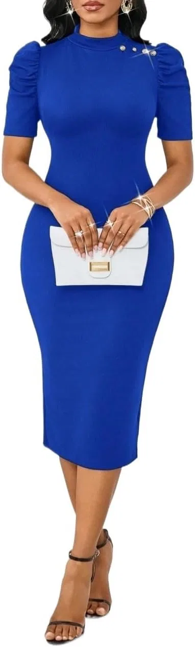 Женское элегантное платье миди Bodycon с воротником-стойкой, Royal Blue