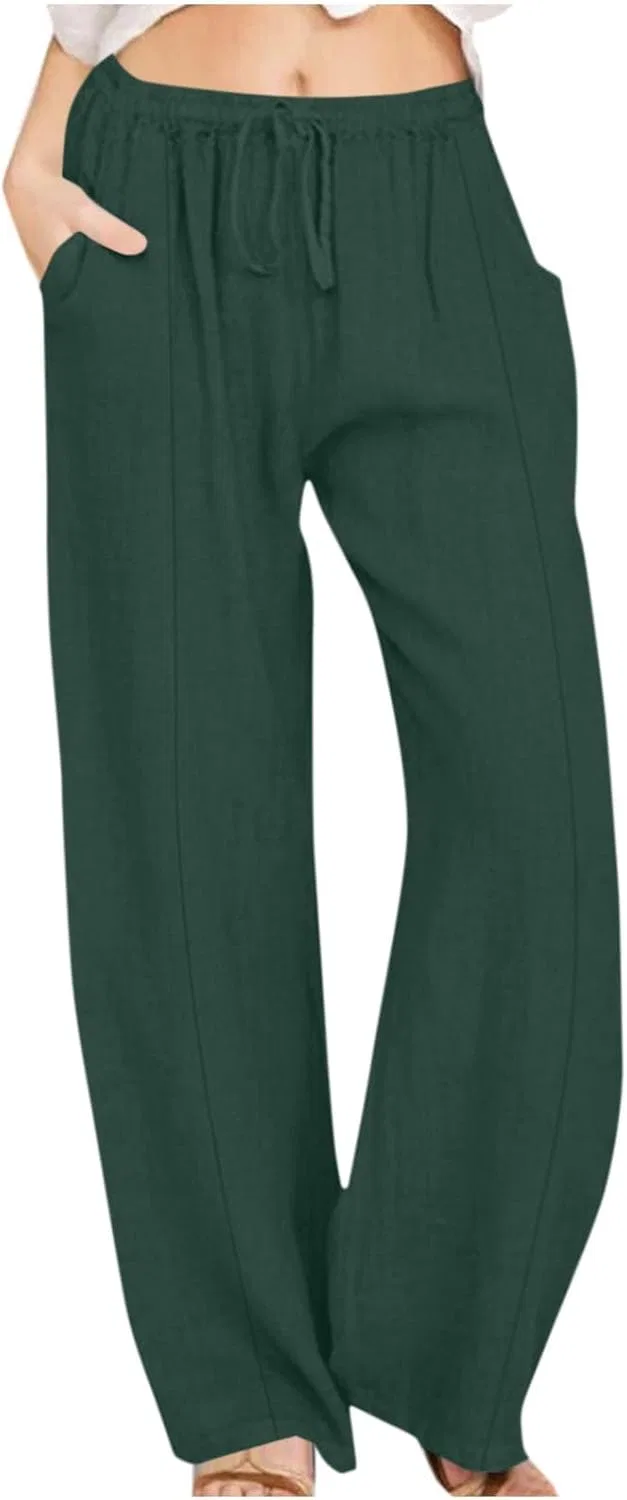 Широкие брюки из льна и хлопка, с карманами, Army Green