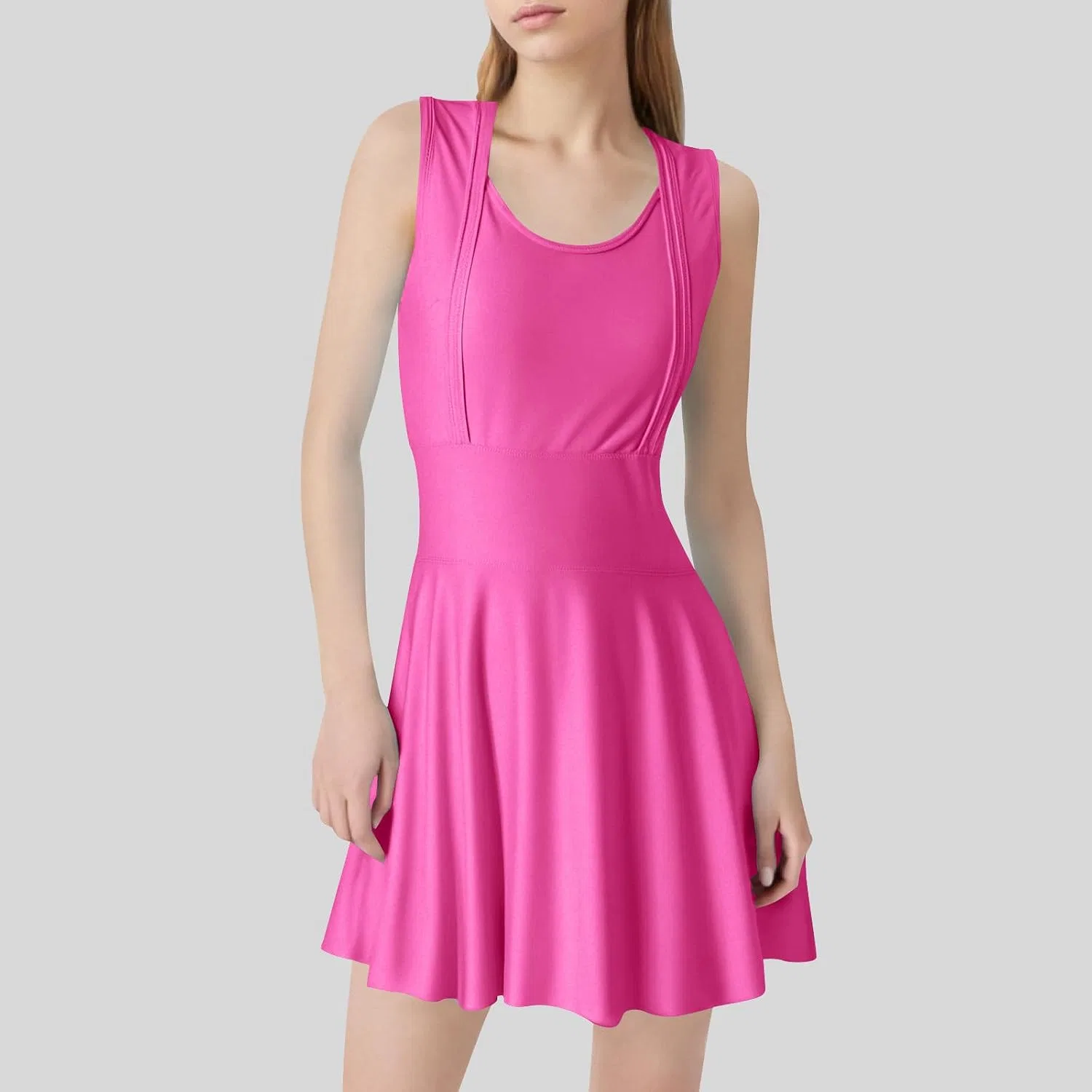 Женский цельнокроеный купальник с высокой талией и юбкой, Black/Pink — фото 2