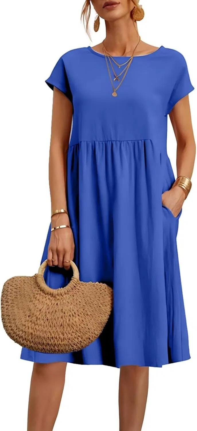 Женское льняное платье миди Casual, A-blue