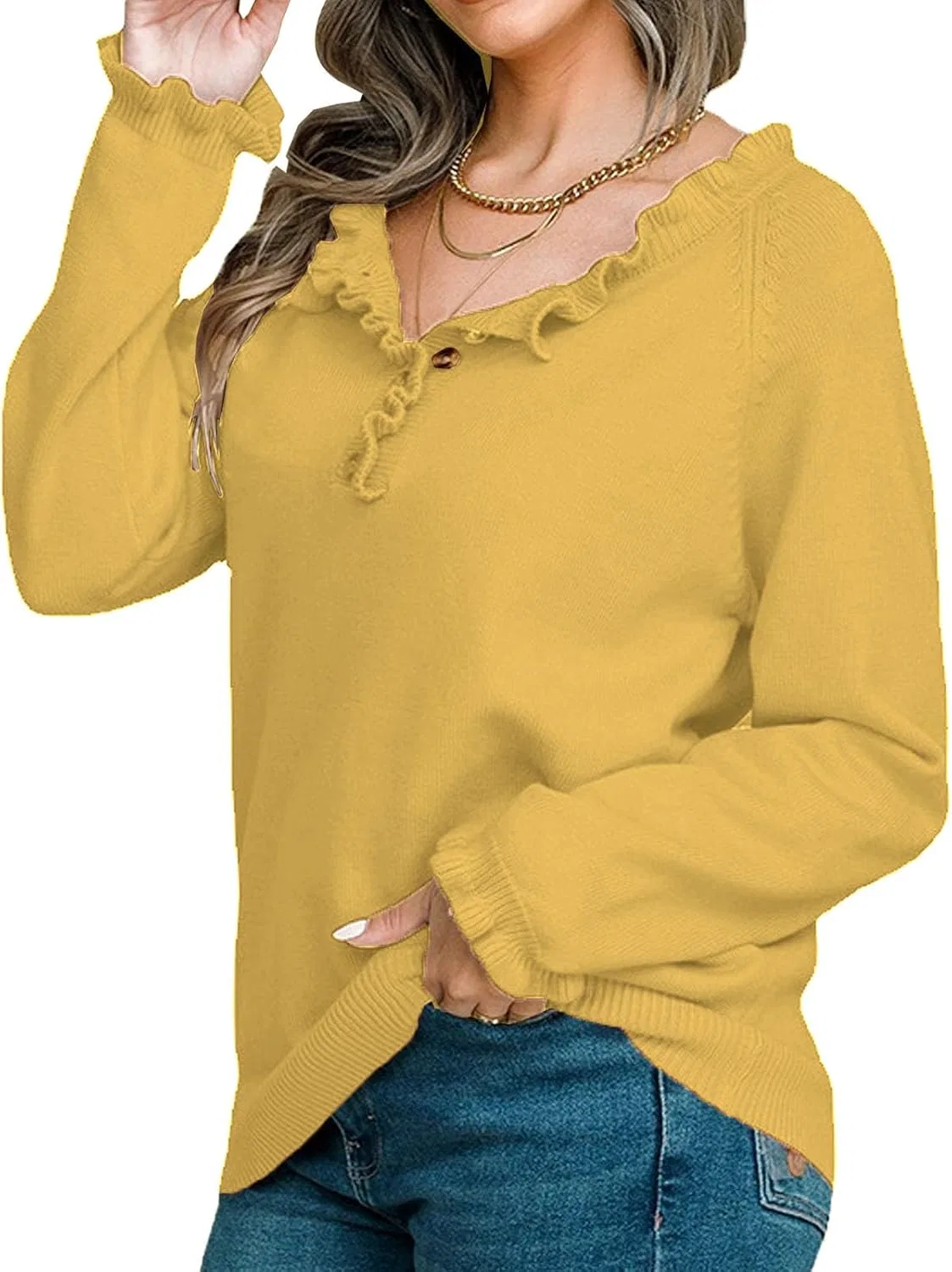 Женский свитер с рюшами, модель Ruffle Sweaters, жёлтый — фото 2