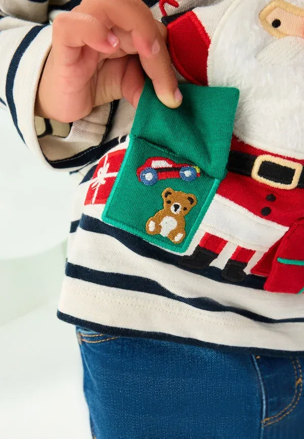 Футболка с длинным рукавом, хлопок, Regular fit - christmas - long sleeved top, Next, белый/синий с аппликацией Санта — фото 3