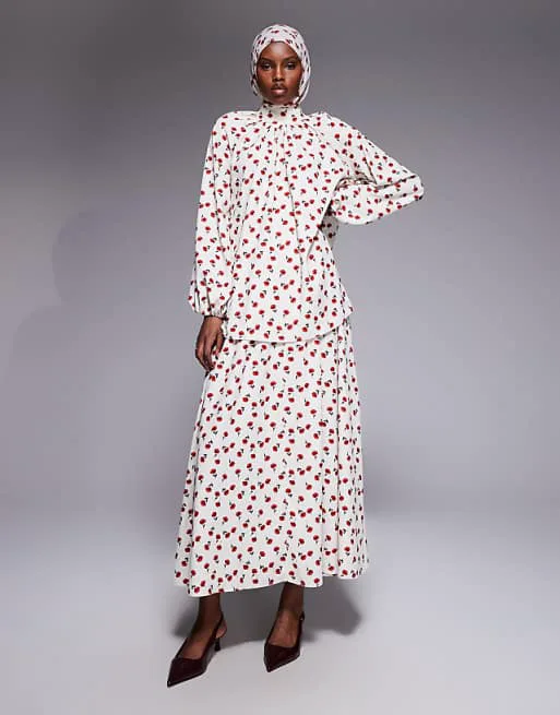 

Комбинированная юбка макси с принтом кремовых роз IAAL