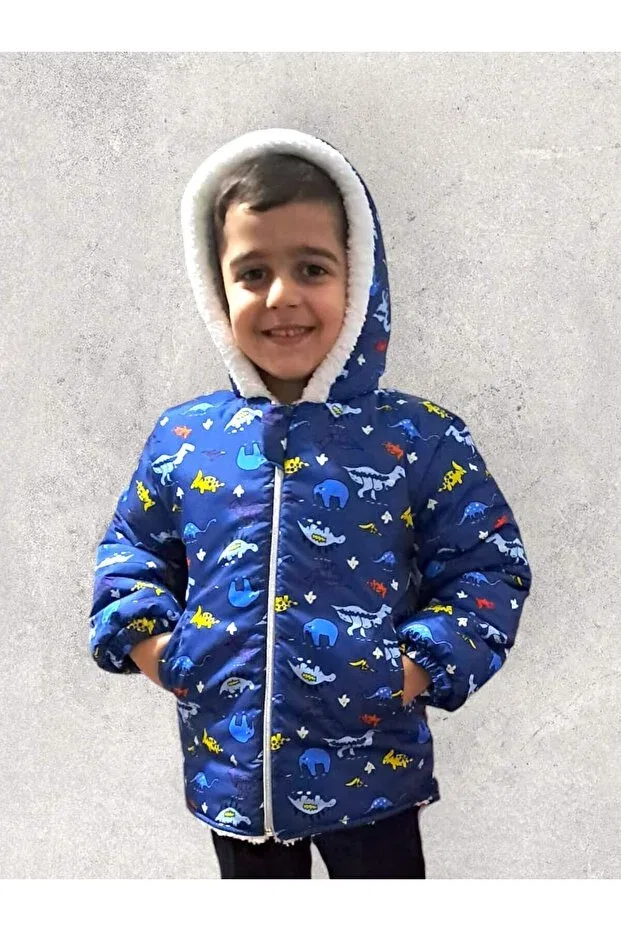Детское зимнее пальто для девочек с принтом Tosyalı Burak Bebe, Indigo Dinosaur