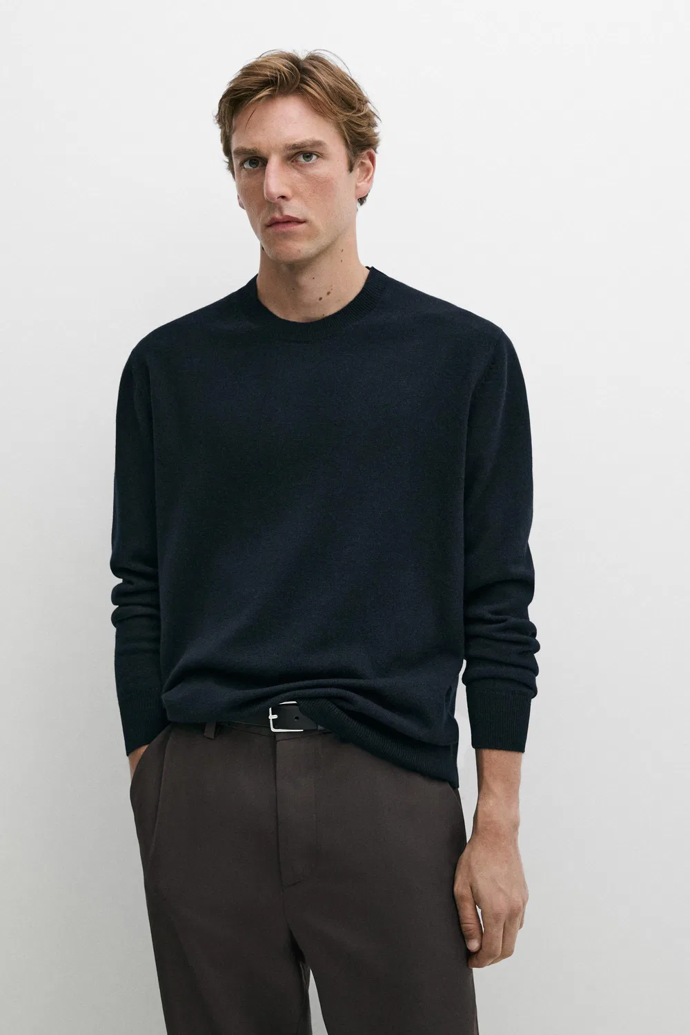Свитер Massimo Dutti Wool Blend Round Neck Knit, темно-синий