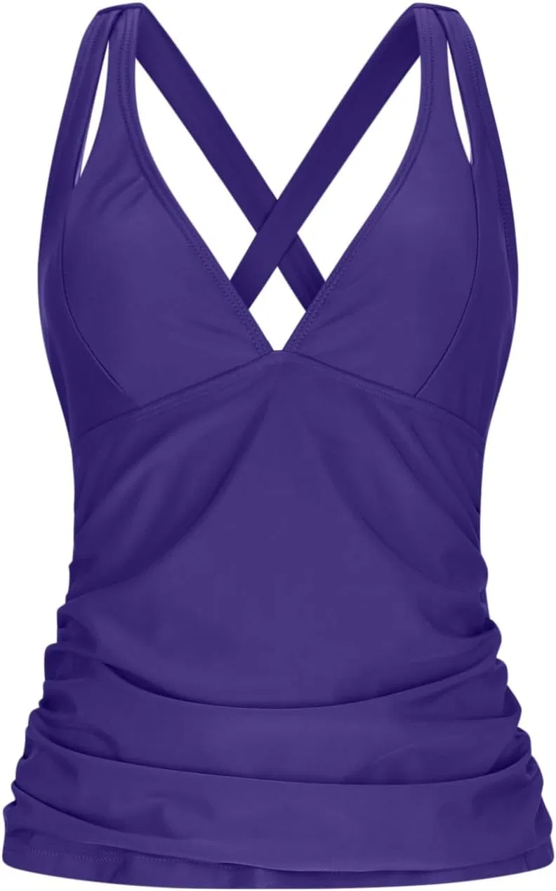 Женский танкини с рубашкой и контролем живота Double Straps V Neck Tie Back, Purple — фото 4