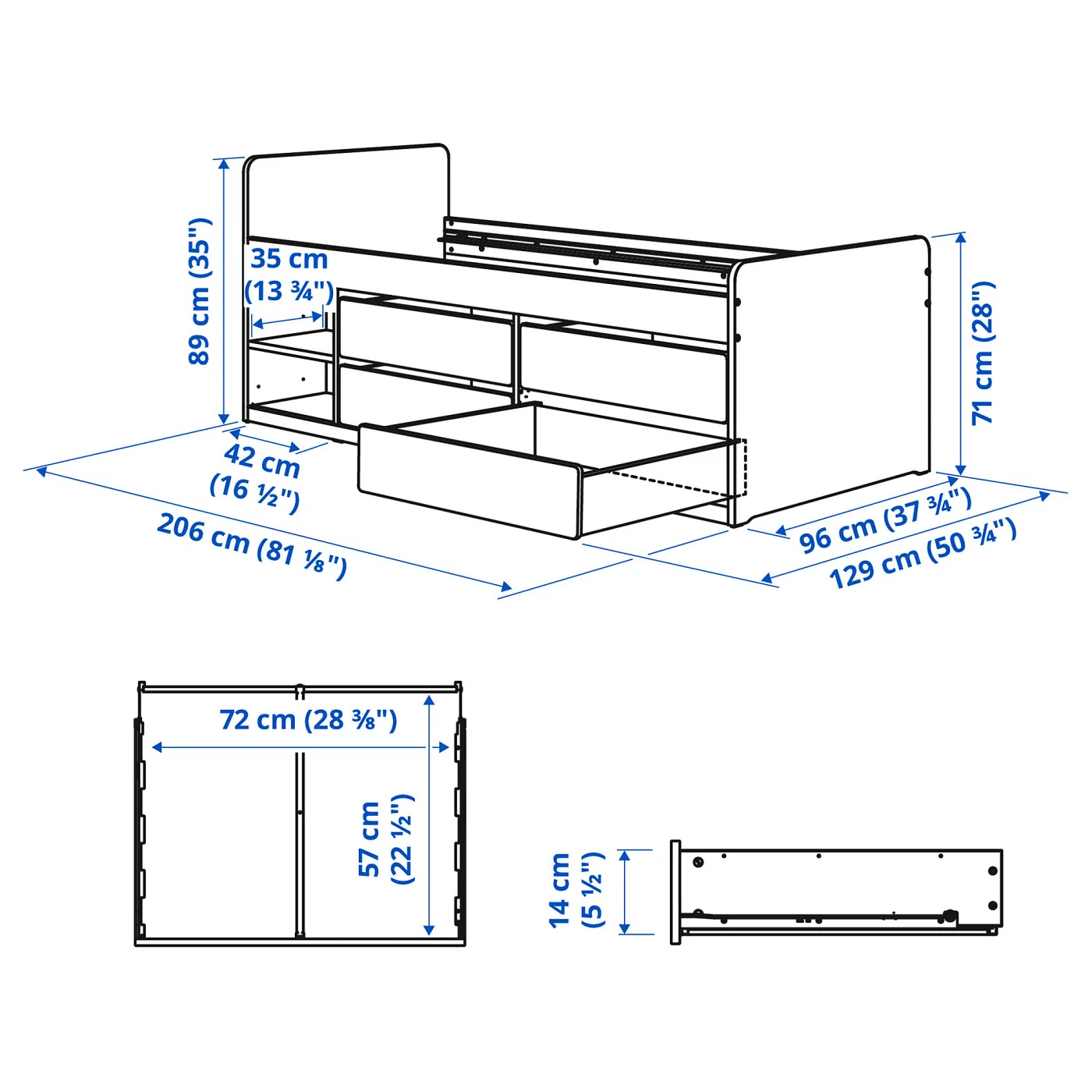 Кровать с ящиками для хранения IKEA SLАKT, 90x200 см, белый — фото 4