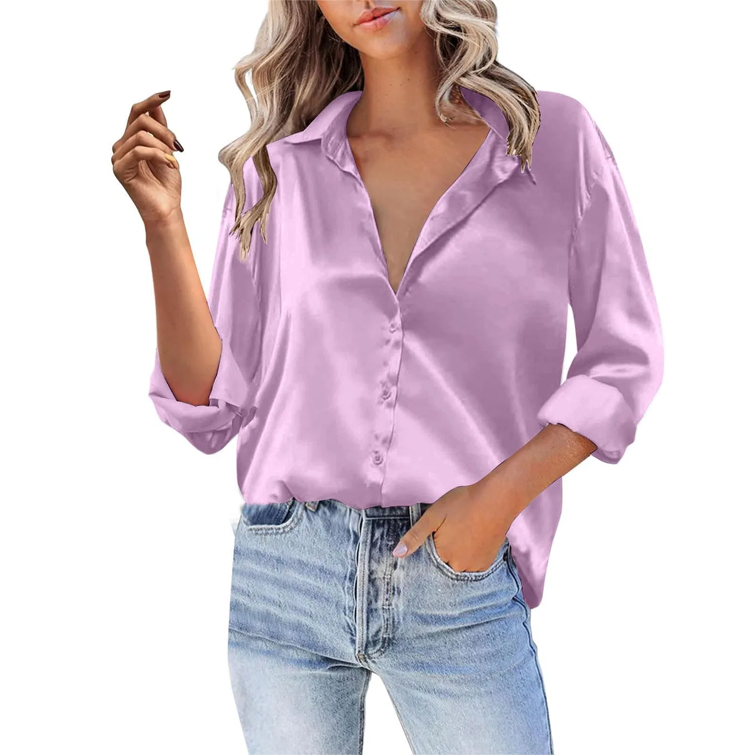 Женская блузка из атласа с длинным рукавом V-образным вырезом, Purple — фото 2