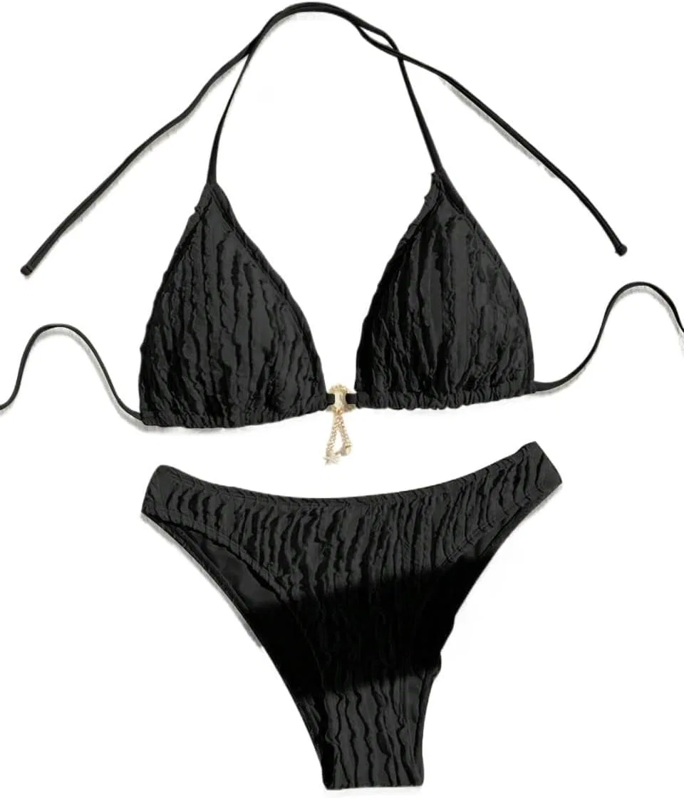 Женский бикини-сет с высокой талией, Backless Halter, Black