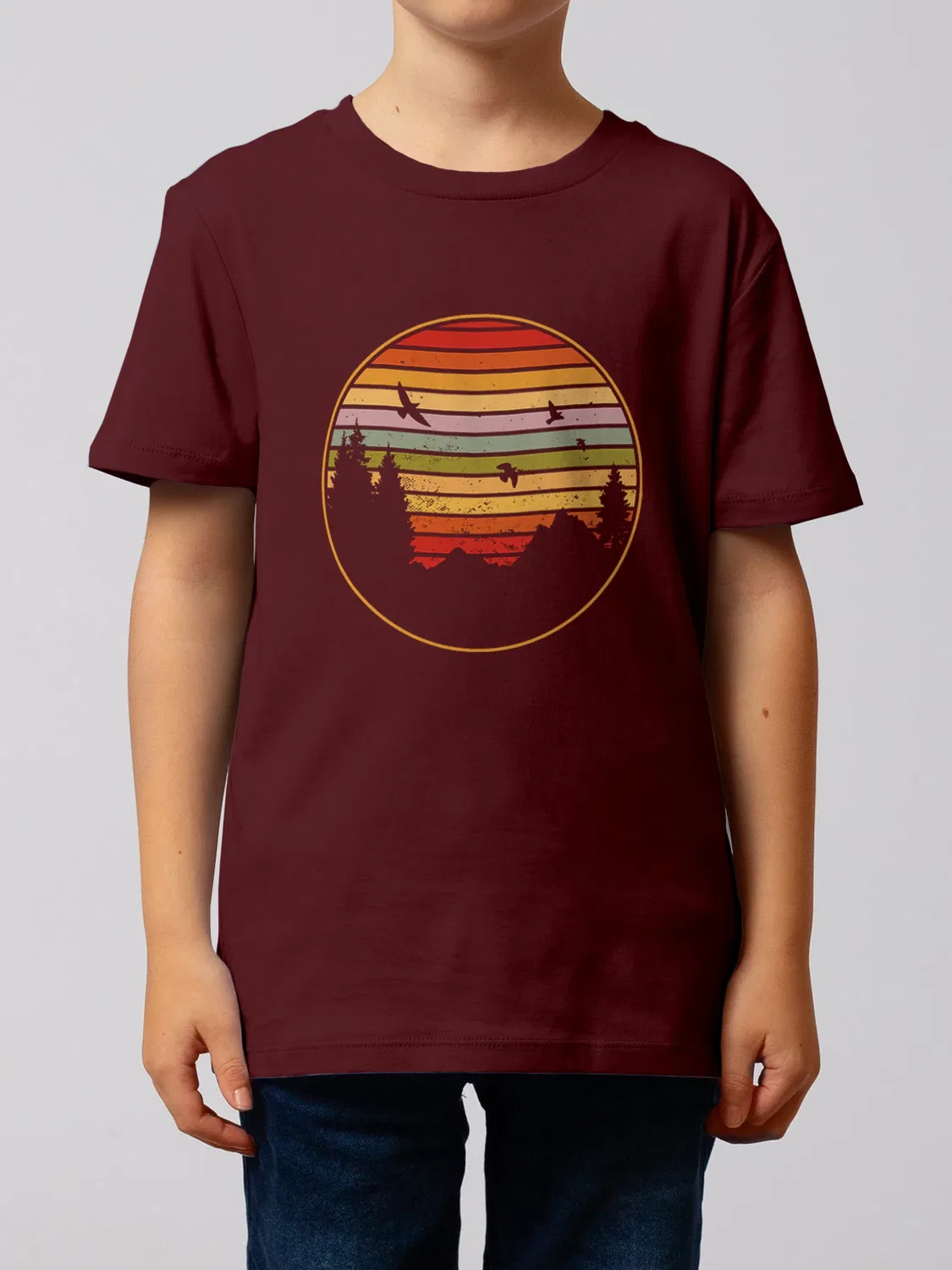 Футболка детская с принтом Sunset Berge & Tannen Wat? Apparel, винно-красный