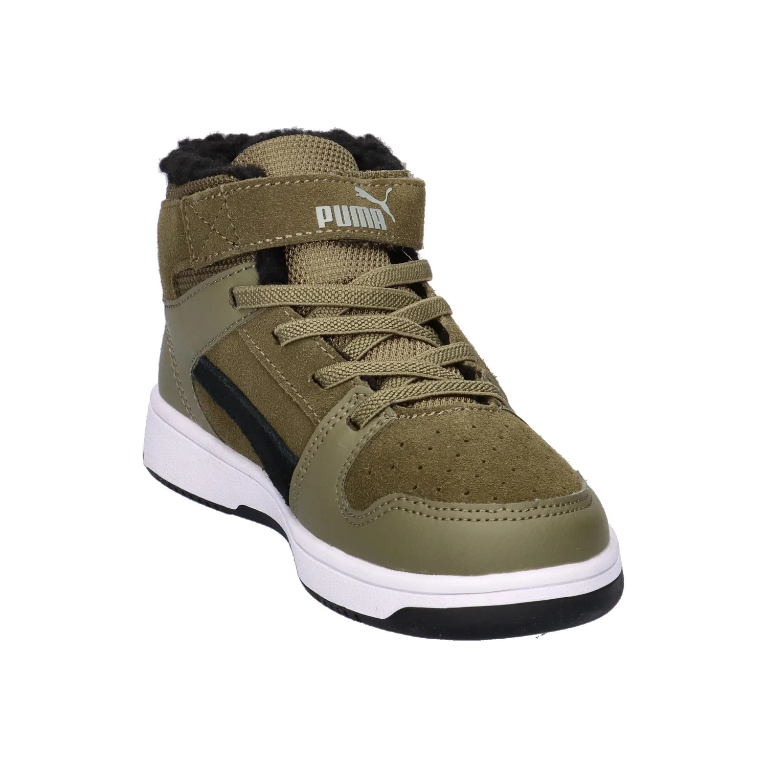 Детские кроссовки с верхом из замши и искусственной кожи Rebound Layup Fur SD Puma, Olivgrun Schwarz Weiss — фото 2