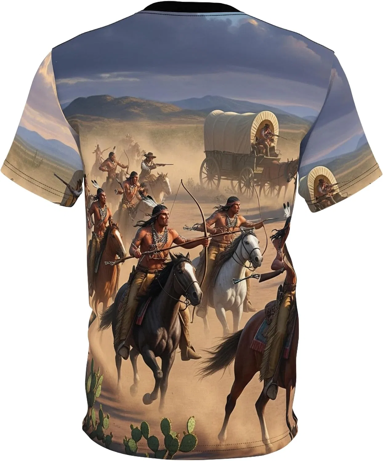 Футболка унисекс с принтом Indians Attacking a Wagon Train Black Stitching — фото 3