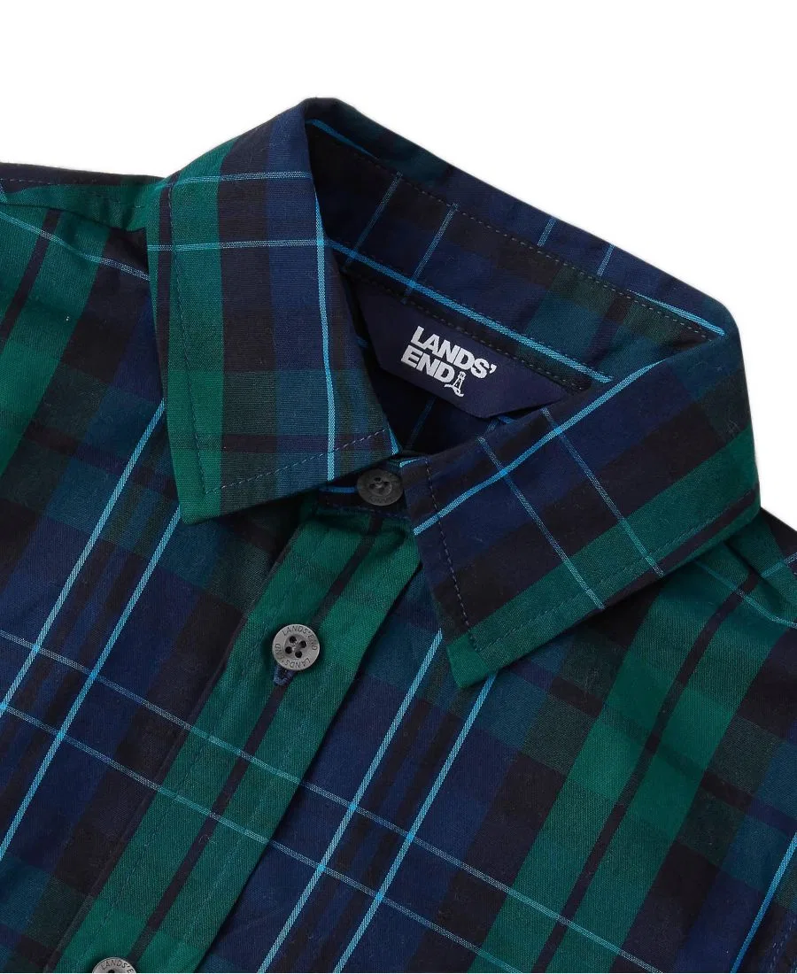Рубашка с длинным рукавом в клетку Boy's Holiday Long Sleeve Poplin Lands' End, Dark Green Multi Plaid — фото 3