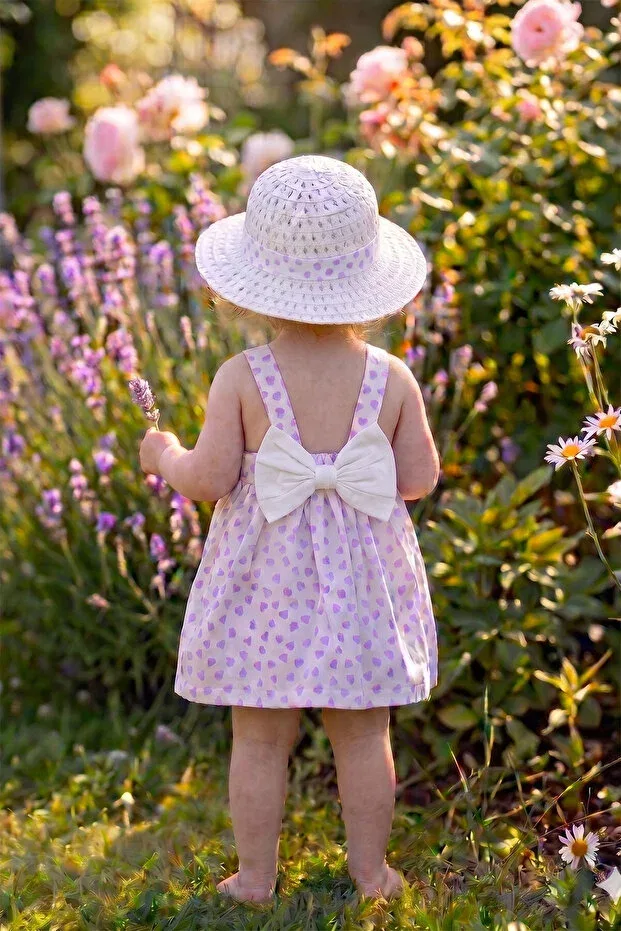 Детское платье для девочек хлопковое с бретельками-спагетти Summer baby girl dress with bow detail and fedora hat Beniizle, Lilac — фото 2