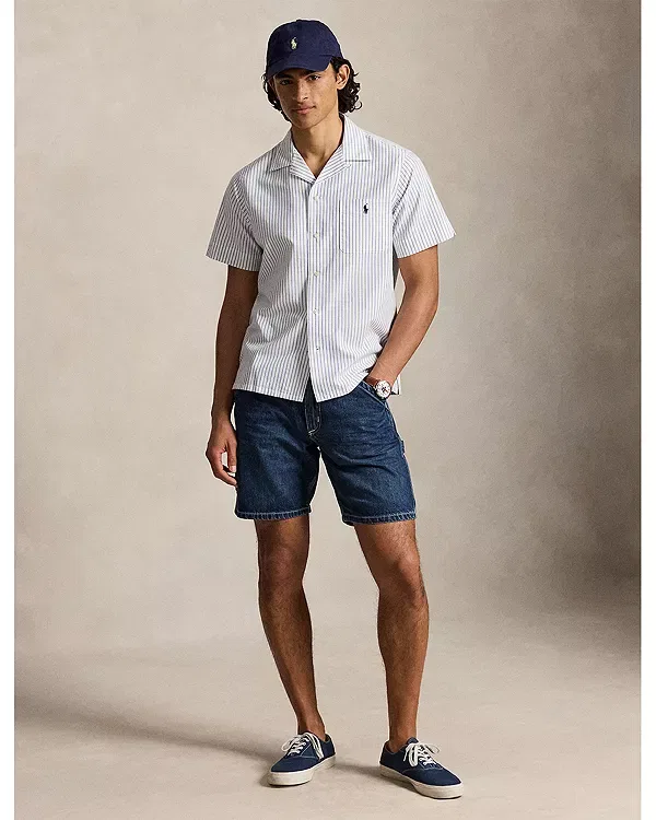 Мужская рубашка с коротким рукавом Classic Fit Stripe Oxford Pocket Shirt Polo Ralph Lauren, белый/синий — фото 2