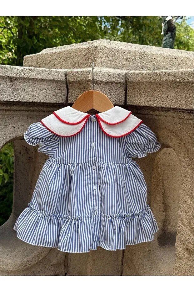 Детское платье для девочек с воланами Marine Red Piping Baby Collar Dress Set Moonstarkids, Blue And White Striped — фото 4