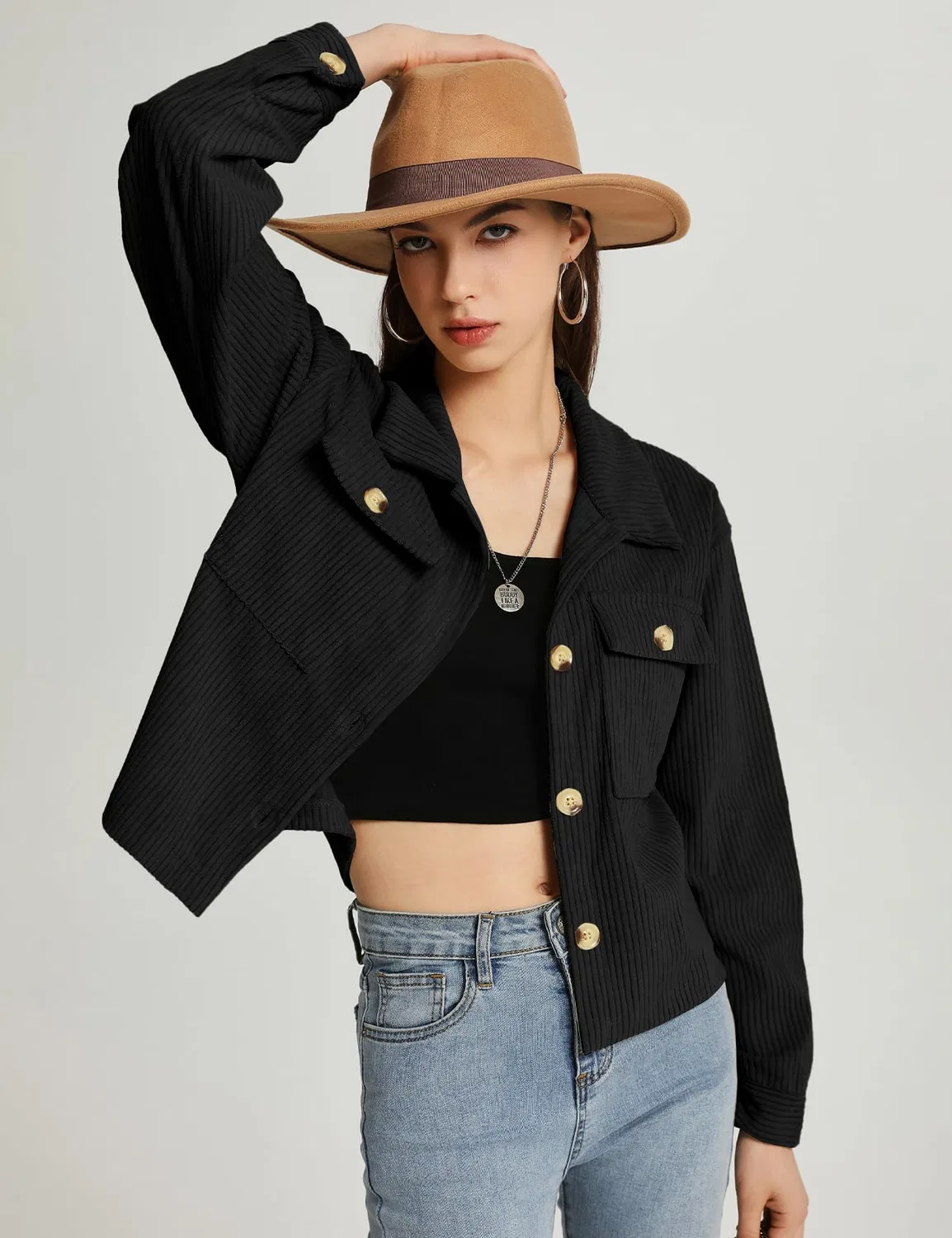 Женская куртка из вельвета в рубчик с пуговицами Donna Moda, Nero — фото 2