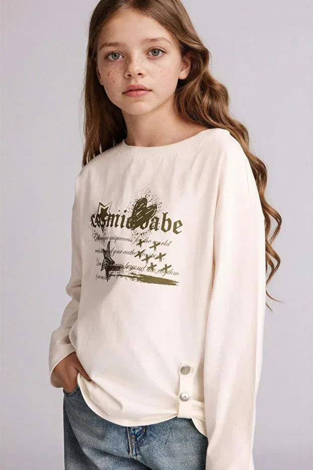 Детская футболка с принтом Oversized printed t-shirt for girls h2877a826sp Defacto, Ecru — фото 3