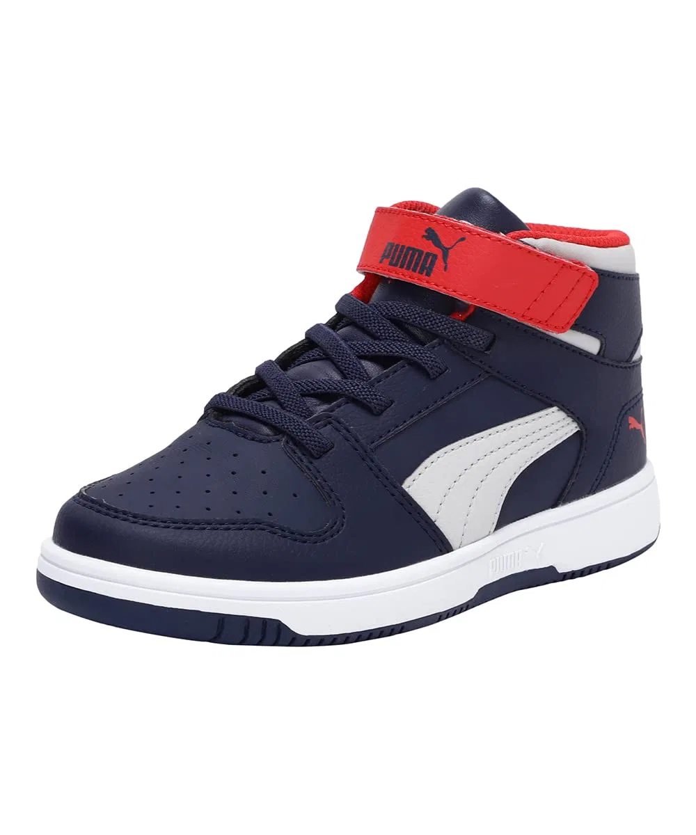 Детские кроссовки для мальчиков высокие PUMA Rebound Layup Sl V Ps, Blue Peacoat Gray Violet High Risk Red PUMA White