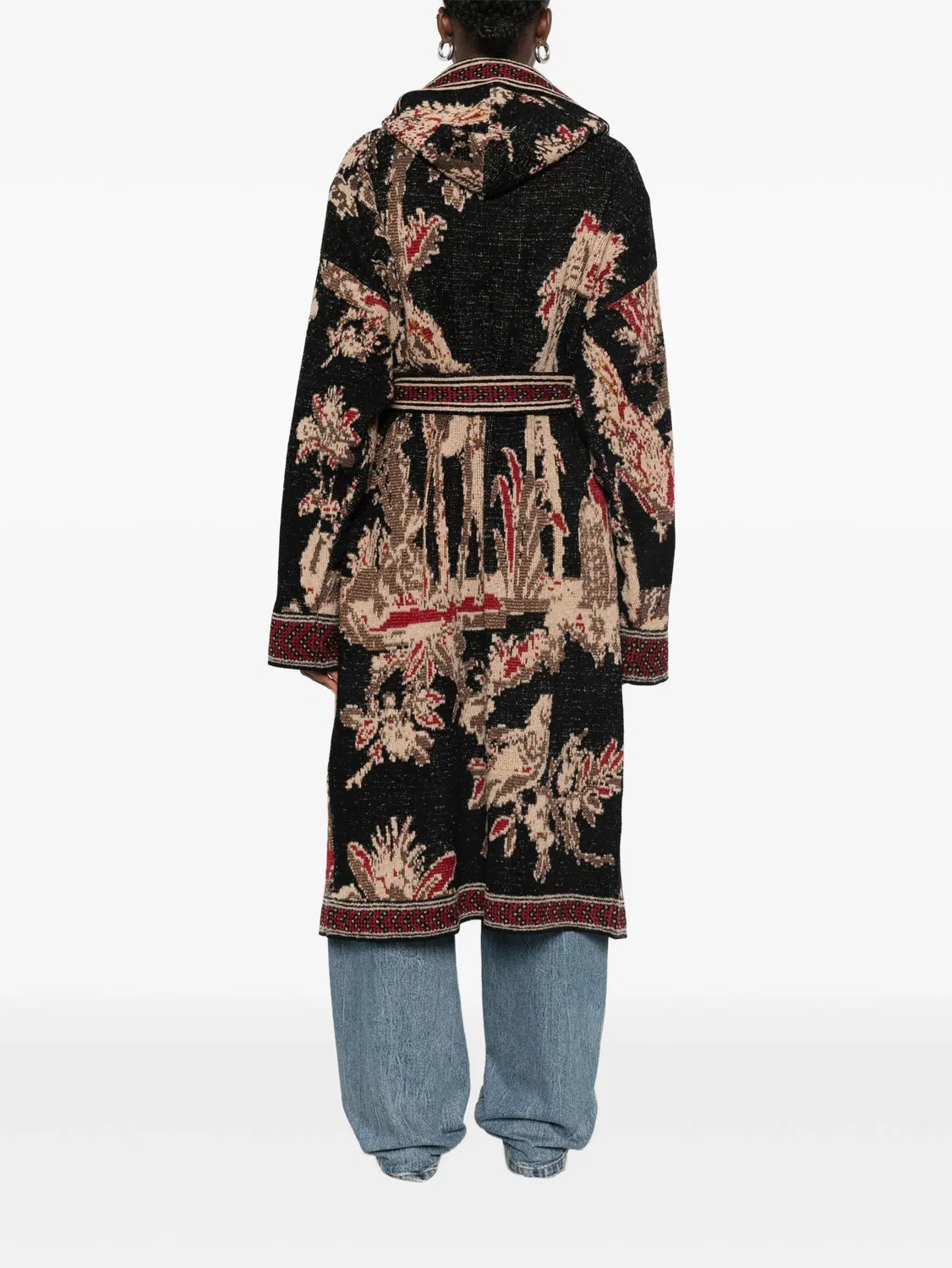 Жаккардовый вязаный кардиган с поясом Etro, черный — фото 4