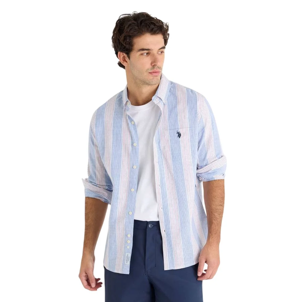 Мужская рубашка U.S. Polo Assn. Long Sleeve Vertical Stripe Slub Poplin, лазурно-голубой/белый/красный